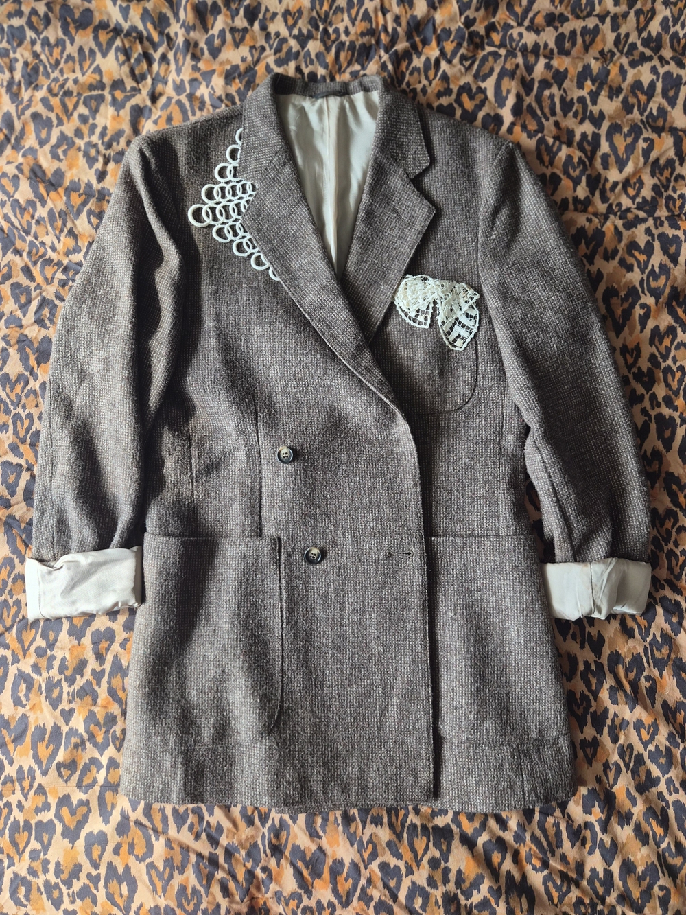 Levi's Brown Tweed Double-Breasted Women's Blazer with Lace Trim